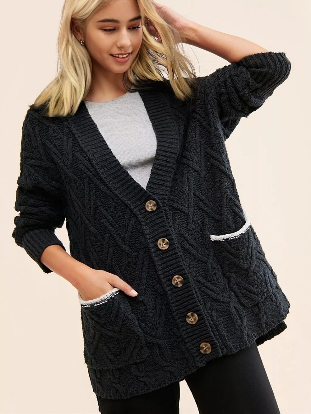 Oversized Free People Montana Cable Knit Cardigan Sweater Black Eclectic Grandpa